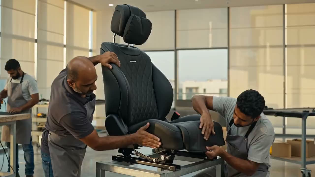 Upholsterers fitting a PVC leatherette cover to a car seat in a Dubai workshop